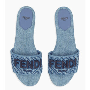 Fendi Blue Denim Signature FF Monogram Logo Mule Slide Flat Flip Flop Sandal 36